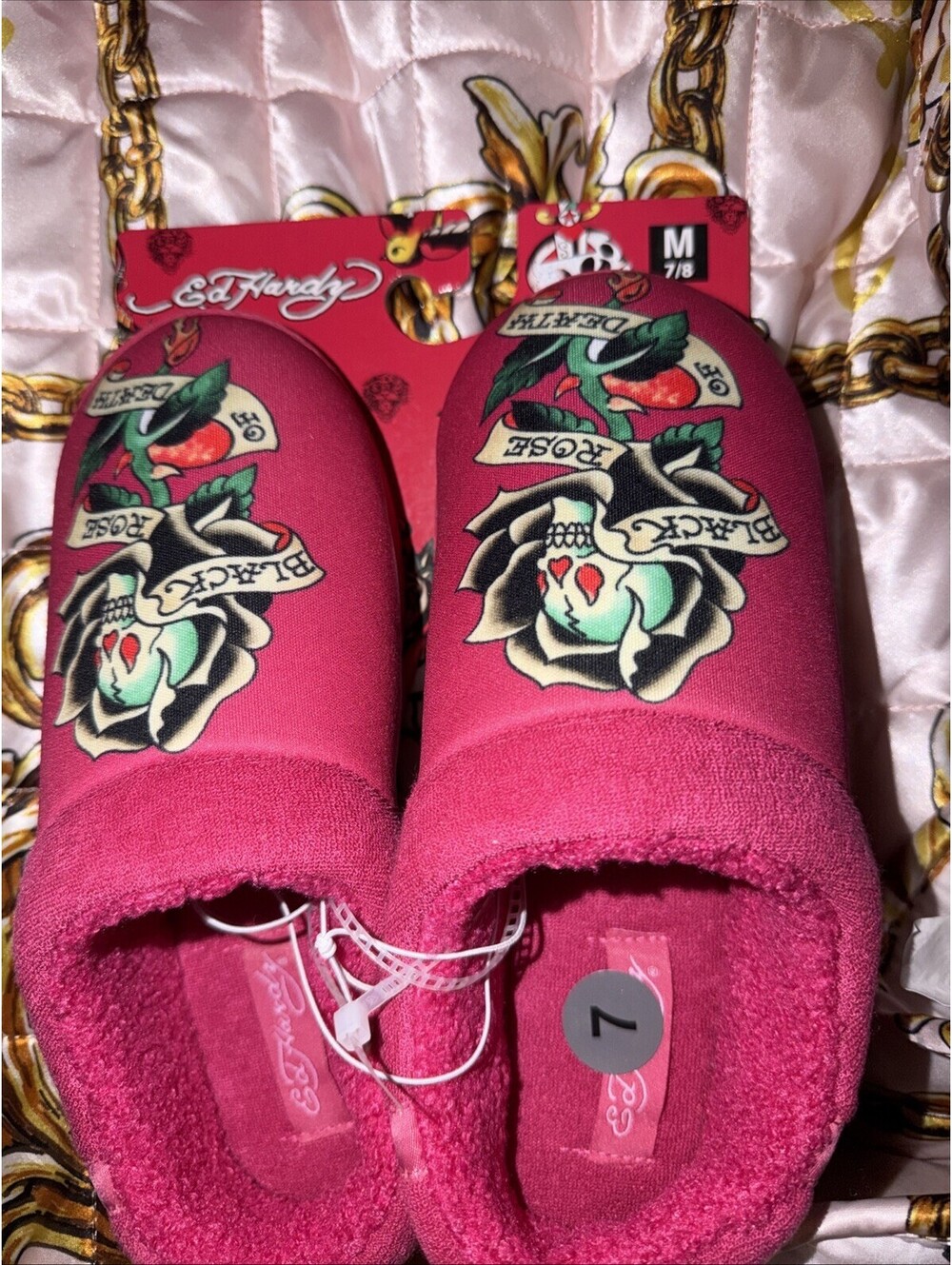 Ed Hardy Slippers Pink Size Medium 7/8 Women's Skull Black Rose NWT